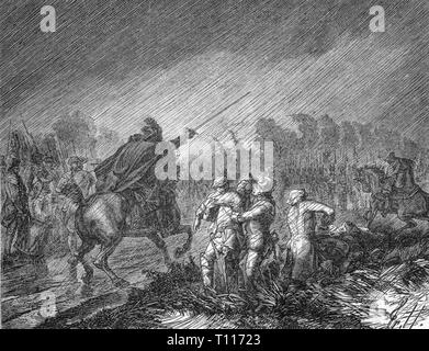 Première guerre mondiale 1792 - 1797 de la coalition, de retrait de l'armée principale des alliés sous le duc Charles Guillaume Ferdinand de Brunswick de la Champagne, octobre 1792, gravure sur bois, 2e moitié 19e siècle, les gens, les guerres de la Révolution française, de la république de la France, soldats, soldat, campagne, campagnes, de l'armée, les armées, les alliés, les forces armées, de la météo, de temps, de la pluie, de la Prusse, rue, rues, orage, l'orage, automne, automne, retrait, retrait, retrait, retrait, retrait, guerre, guerres mondiales, 18e siècle, retraite, retraites, duc, ducs, Charles, Karl, historique, Additional-Rights Clearance-Info,--Not-Available Banque D'Images