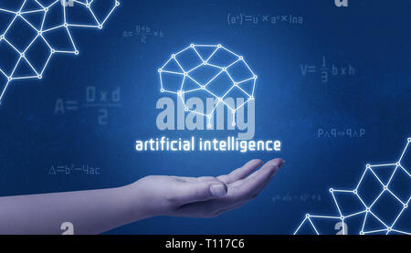 Main tenant l'intelligence artificielle cerveau réseau concept. Formule mathématique et abstrait à côté réseau. Banque D'Images