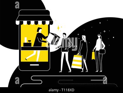 Achats en ligne concept - télévision style design illustration. Noir, jaune et blanc composition avec point de prise, les gens debout dans une ligne, un magasin comme Illustration de Vecteur