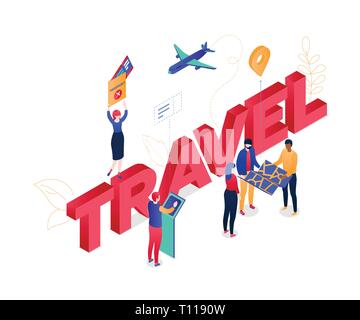 Concept de voyage modernes - vector illustration isométrique colorés sur fond blanc avec l'inscription. Les touristes en vacances, debout avec documen Illustration de Vecteur