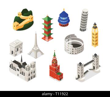 Sites célèbres - monde isométrique colorés ensemble d'objets. Les bâtiments, l'architecture. Notre-Dame de Paris, Arc de Triomphe, Big Ben, Pise, la Tour Eiffel, Illustration de Vecteur