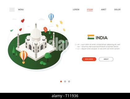 Visiter l'Inde moderne - Bannière web isométrique colorés avec copie espace pour le texte. En-tête de site web avec site célèbre Taj Mahal, ballons, drapeau, social med Illustration de Vecteur