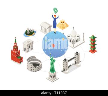 Voyage autour du monde - illustration isométrique colorés avec une femme sur un globe, célèbres. Statue de la liberté, Kremlin, pagode, Colisée, Ta Illustration de Vecteur