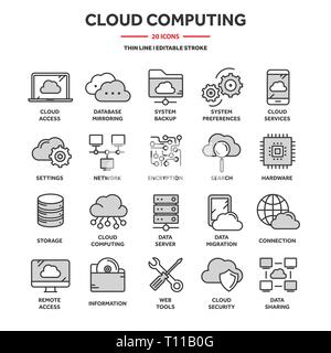 Le cloud computing. La technologie de l'Internet. Des services en ligne. Des données, la sécurité de l'information. Connexion. Fine ligne web blue icon set. Collection d'icônes Contour Illustration de Vecteur