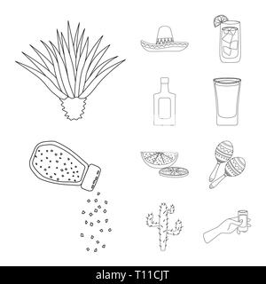 Agave sombrero,cocktail,bouteille,verre,DE,tilleul,,maracas,cactus,plante,mexicain,eau,alcool,sel,vert,instrument thorn, chapeau,vodka,minéraux,fruits,pack,feuilles,boire,le désert,costumes,alcool,whisky,Mexique,tequila,fajitas fiesta,party,fête,cafe,Latin,carnaval,national,set,icône,,illustration,collection,isolé,design,graphisme,élément signe,ligne,plan,vecteurs vecteur , Illustration de Vecteur