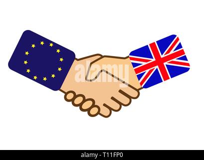 Serrer la main avec les symboles des drapeaux du Royaume-Uni et l'Union européenne, modèle plat Illustration de Vecteur