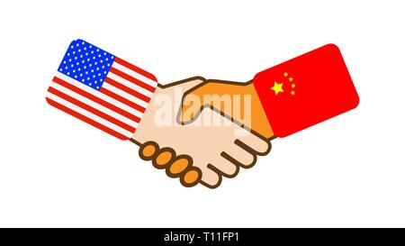 Serrer la main avec les symboles des drapeaux des Etats-Unis et de la Chine, modèle plat Illustration de Vecteur