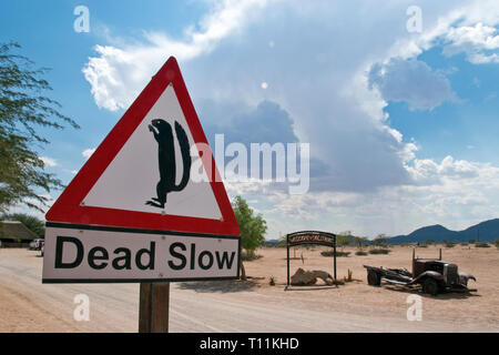 Un panneau met en garde d'aller 'lent' parce que des animaux, à la station d'essence, cafe Solitaire et stocker, sur la route des dunes rouges de Sossusvlei, Namibie. Banque D'Images