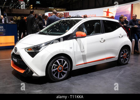 Genève, SUISSE - Le 5 mars 2019 : voiture Toyota Aygo présentés à la 89e Salon International de l'Automobile de Genève. Banque D'Images