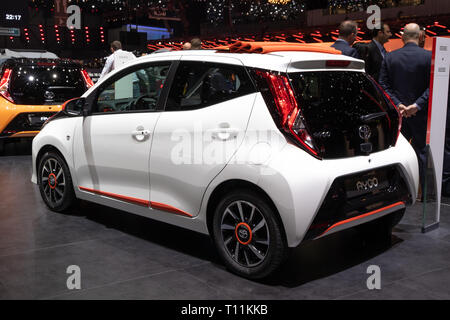 Genève, SUISSE - Le 5 mars 2019 : voiture Toyota Aygo présentés à la 89e Salon International de l'Automobile de Genève. Banque D'Images