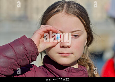 STOCKHOLM, SUÈDE. 22 mars, 2019. Climat suédoise Greta activiste Thunberg démontrant à Stockholm le vendredi. Banque D'Images