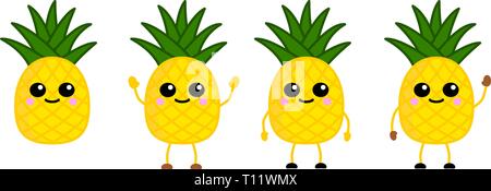 Style kawaii Cute icône fruits ananas, de grands yeux, souriant. Version avec les mains levées, bas et en agitant. Illustration de Vecteur