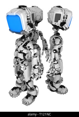 La figure du robot de l'écran présentent trois caractères fermer, 3d illustration, vertical, isolé Banque D'Images