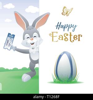 Joyeuses Pâques. Sports Carte de vœux. Mignon Lapin avec oeuf et Rugby Billet. Vector illustration. Illustration de Vecteur