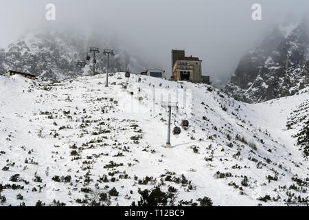 Tatranska Lomnica, Slovaquie - 24 janvier 2018 : vue sur le funiculaire et Skalnate Pleso station à Tatranska Lomnica resort, Hautes Tatras, en Slovaquie. Banque D'Images