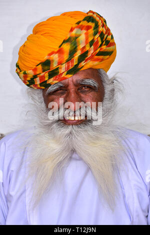 Indien barbu blanc Monsieur avec turban, Jodhpur, Rajasthan, India Banque D'Images