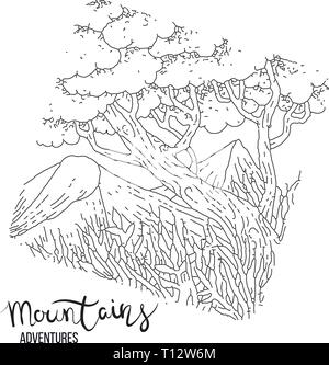 La main libre d'un pic de montagne, leur gravure, grunge textured illustrations vectorielles d'arbres Illustration de Vecteur