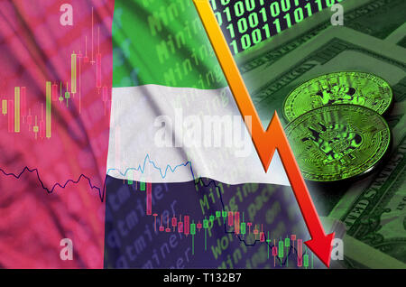 Emirats Arabes Unis drapeau et cryptocurrency baisse avec deux des bitcoins sur dollar bills et affichage du code binaire. Concept de Bitcoin en réduction Banque D'Images