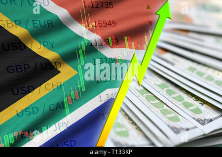 Drapeau de l'Afrique du Sud et de plus en plus graphique dollar US position avec un ventilateur des billets d'un dollar. Concept de valeur croissante de devises dollar US Banque D'Images