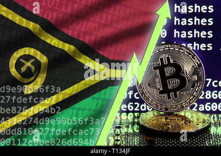 Drapeau Vanuatu et la hausse flèche verte sur l'écran d'exploitation minière bitcoin et deux d'or physique des bitcoins. Concept de conversion élevé dans l'exploitation minière cryptocurrency Banque D'Images