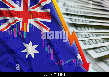 Drapeau de l'Australie et le graphique fléchissement du dollar position avec un ventilateur des billets d'un dollar. Concept de valeur d'amortissement du US dollar currency Banque D'Images