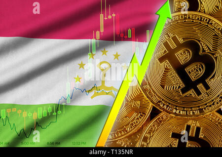 Le Tadjikistan drapeau et cryptocurrency tendance croissante avec de nombreux bitcoins d'or. Concept de sensibilisation en Bitcoin ou prix de conversion élevé dans cryptocurrency Banque D'Images