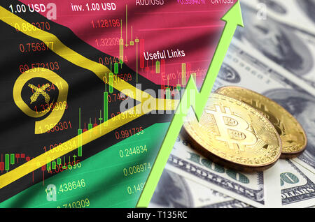 Drapeau Vanuatu et cryptocurrency tendance de plus en plus avec deux des bitcoins sur dollar bills. Concept de sensibilisation en Bitcoin : contre le dollar Banque D'Images