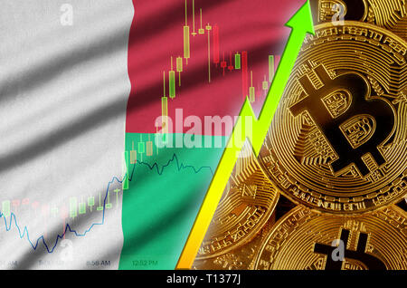 Madagascar drapeau et cryptocurrency tendance croissante avec de nombreux bitcoins d'or. Concept de sensibilisation en Bitcoin ou prix de conversion élevé dans cryptocurrency Banque D'Images