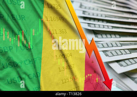 Mali drapeau et graphique fléchissement du dollar position avec un ventilateur des billets d'un dollar. Concept de valeur d'amortissement du US dollar currency Banque D'Images