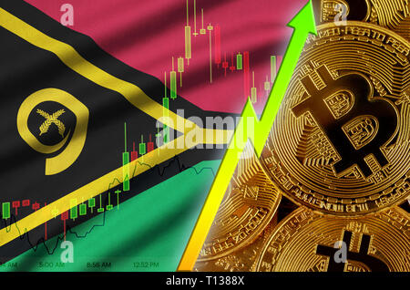 Drapeau Vanuatu et cryptocurrency tendance croissante avec de nombreux bitcoins d'or. Concept de sensibilisation en Bitcoin ou prix de conversion élevé dans cryptocurrency min Banque D'Images