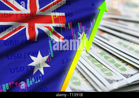 Drapeau de l'Australie et de plus en plus graphique dollar US position avec un ventilateur des billets d'un dollar. Concept de valeur croissante de devises dollar US Banque D'Images