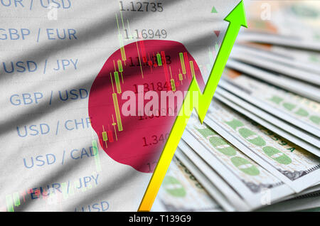 Drapeau du Japon et de plus en plus graphique dollar US position avec un ventilateur des billets d'un dollar. Concept de valeur croissante de devises dollar US Banque D'Images