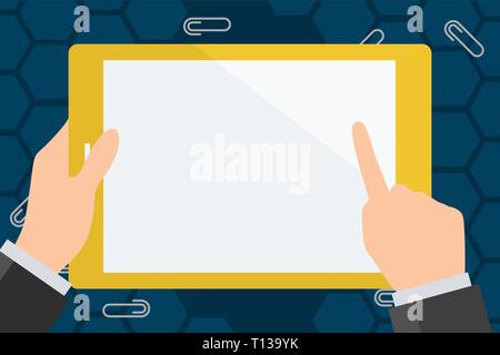 Businessman Hand Holding, en pointant et en touchant l'écran vide comprimé colorés Business template vide pour la mise en page pour la promotion de la carte de voeux d'invitation Illustration de Vecteur