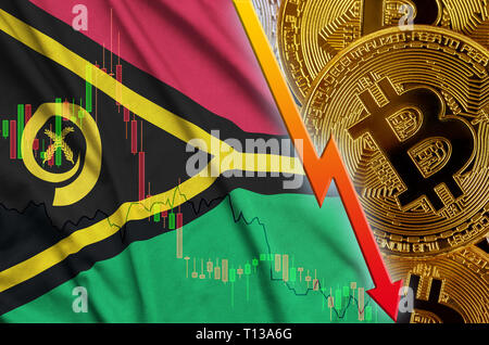 Drapeau Vanuatu et cryptocurrency baisse avec de nombreux bitcoins d'or. Concept de Bitcoin réduction de prix ou de mauvaise conversion dans cryptocurrency min Banque D'Images