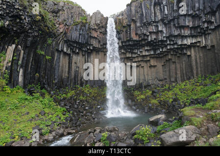 Cascade de Svartifoss entourée de colonnes de basalte, le parc national de Skaftafell, Vatnajokull, Islande Banque D'Images