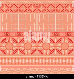 Ornement ethnique, motif géométrique sans couture dans la couleur tendance de 2019, corail vivant. Illustration de Vecteur