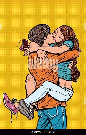 Proposition de Mariage anneau de mariage. couple in love hugs baiser passionné Illustration de Vecteur