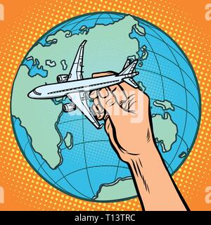 Avion en main. métaphore du vol à destination de l'hémisphère oriental Illustration de Vecteur