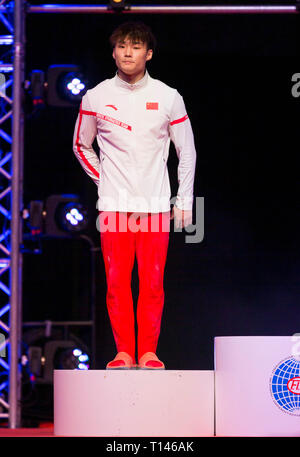 Resorts World Arena, Birmingham, UK. Mar 23, 2019. Coupe du monde de gymnastique ; Sun Wei (CHN) sur le podium après avoir remporté la médaille d'Action Crédit : Plus Sport/Alamy Live News Banque D'Images