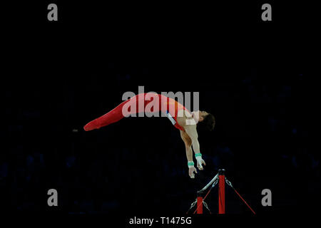 Birmingham, Royaume-Uni. 23 mars 2019.Sun Wei (CHN) à l'exécution de la compétition masculine de la Coupe du Monde de Gymnastique à Birmingham, Royaume-Uni. Credit : Giovanni Strondl. Banque D'Images