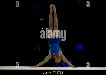 Birmingham, Royaume-Uni. 23 mars 2019.Joe Fraser (GBR) à l'exécution de la compétition masculine de la Coupe du Monde de Gymnastique à Birmingham, Royaume-Uni. Credit : Giovanni Strondl. Banque D'Images