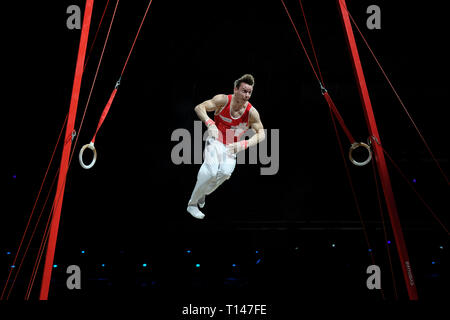 Birmingham, Royaume-Uni. Mar 23, 2019. Christian Baumann (SUI) à l'exécution de la compétition masculine de la Coupe du Monde de Gymnastique à Birmingham, Royaume-Uni. Credit : Giovanni Strondl/Alamy Live News Banque D'Images