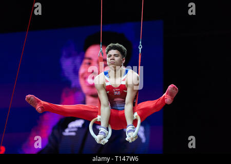 Birmingham, UK. Mar 23, 2019. Jamie Lewis (GBR), l'exécution au cours de la Men's session de la Coupe du Monde de Gymnastique 2019 à l'Arène de Genting/Resorts World Arena, Birmingham, UK le samedi 23 mars 2019. Credit : Iain Scott Photography/Alamy Live News Banque D'Images