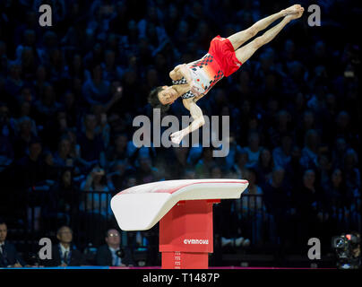 Resorts World Arena, Birmingham, UK. Mar 23, 2019. Coupe du monde de gymnastique ; Kazuma Kaya (JPN) participe à la voûte durant la Coupe du Monde de Gymnastique 2019 Birmingham : Action Crédit Plus Sport/Alamy Live News Banque D'Images