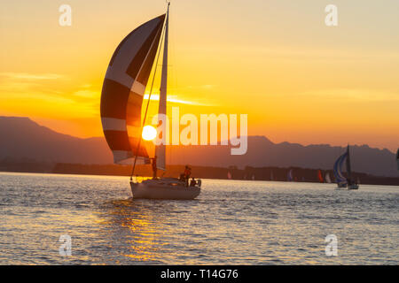 Golden glow coucher de soleil par l'intermédiaire de montage disponibles sous voiles et silhouette sur Tauranga Harbour Banque D'Images