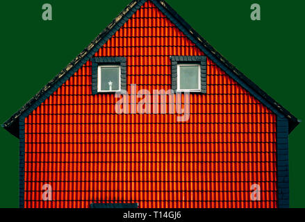 Image minimaliste d'une façade de maison rouge sur un fond vert isolés Banque D'Images