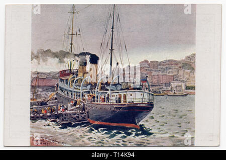 Dans le port de Vladivostok, Russie, représentés dans l'aquarelle par l'artiste tchèque Jindřich Vlček (1919) imprimé sur la carte postale de la tchécoslovaque vintage collection "Images de la vie et des combats de la Légion tchécoslovaque en Russie' ('Pohledy ze zivota une bojů československých legií v Rusku') délivré en Tchécoslovaquie dans les années 1920. Avec la permission de l'Azoor Collection Carte Postale. Banque D'Images