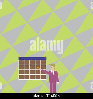 Businessman Smiling et pointant vers Calendrier original avec Star suspendre au mur Design business template vide isolé disposition graphique minimaliste modèl Illustration de Vecteur