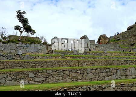 Les vestiges du temple de la fenêtre trois à Machu Picchu, citadelle Inca, site archéologique à Cusco, Pérou Banque D'Images