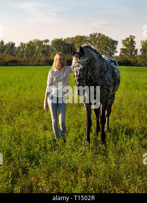 Fille Jockey est de caresser un cheval sur manege ouvert. Jolie fille jockey est debout à proximité d'un cheval s'embrasser et l'étreindre Banque D'Images